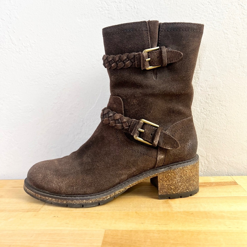Aetrex Boots Nora Size 7 Brown Suede Braid Buckle Side Zip Block Heel NO INSOLES